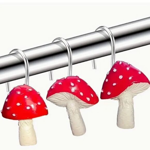 Mushroom Red White Shower Curtain Hooks Set of 12 Hippie Retro Bathroom Decor - Picture 1 of 2